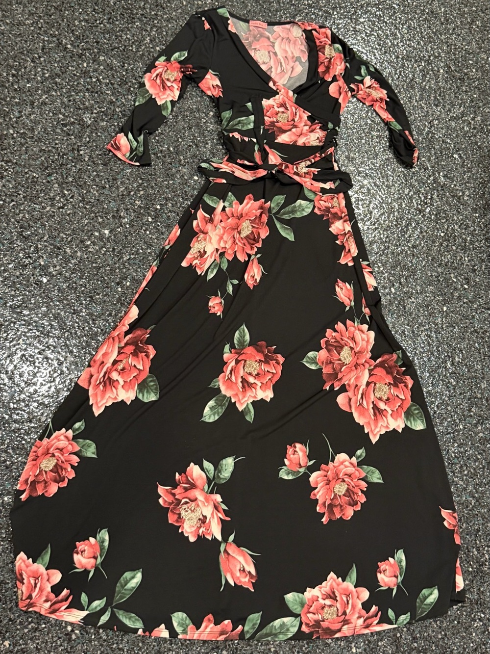 Hello Miz Women’s S Black Floral Chiffon Wrap Maxi Dress Tie Waist 3/4 Sleeve